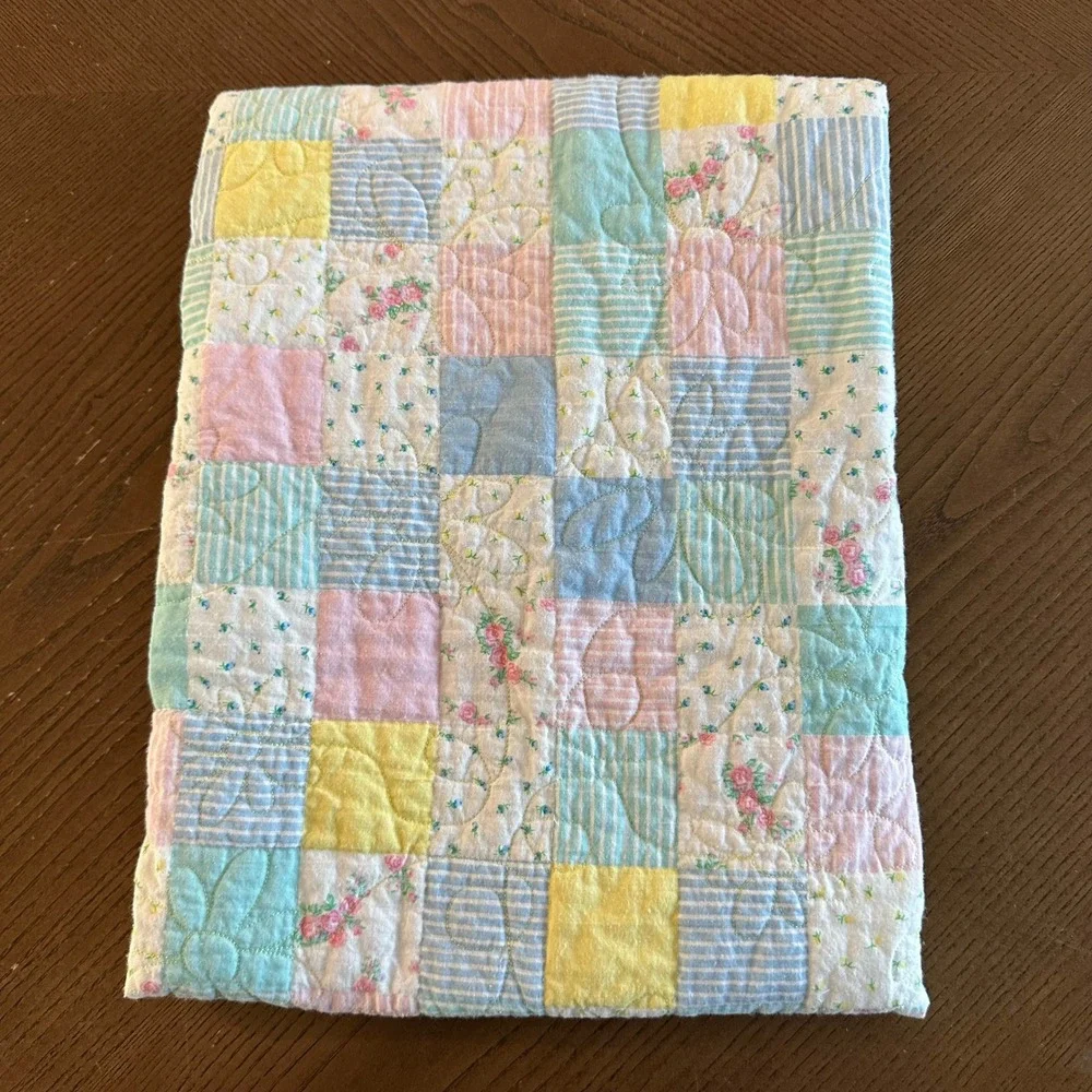 Vintage Patchwork Baby Quilt Pastel Floral Stripe Butterfly Stitch 40x33
